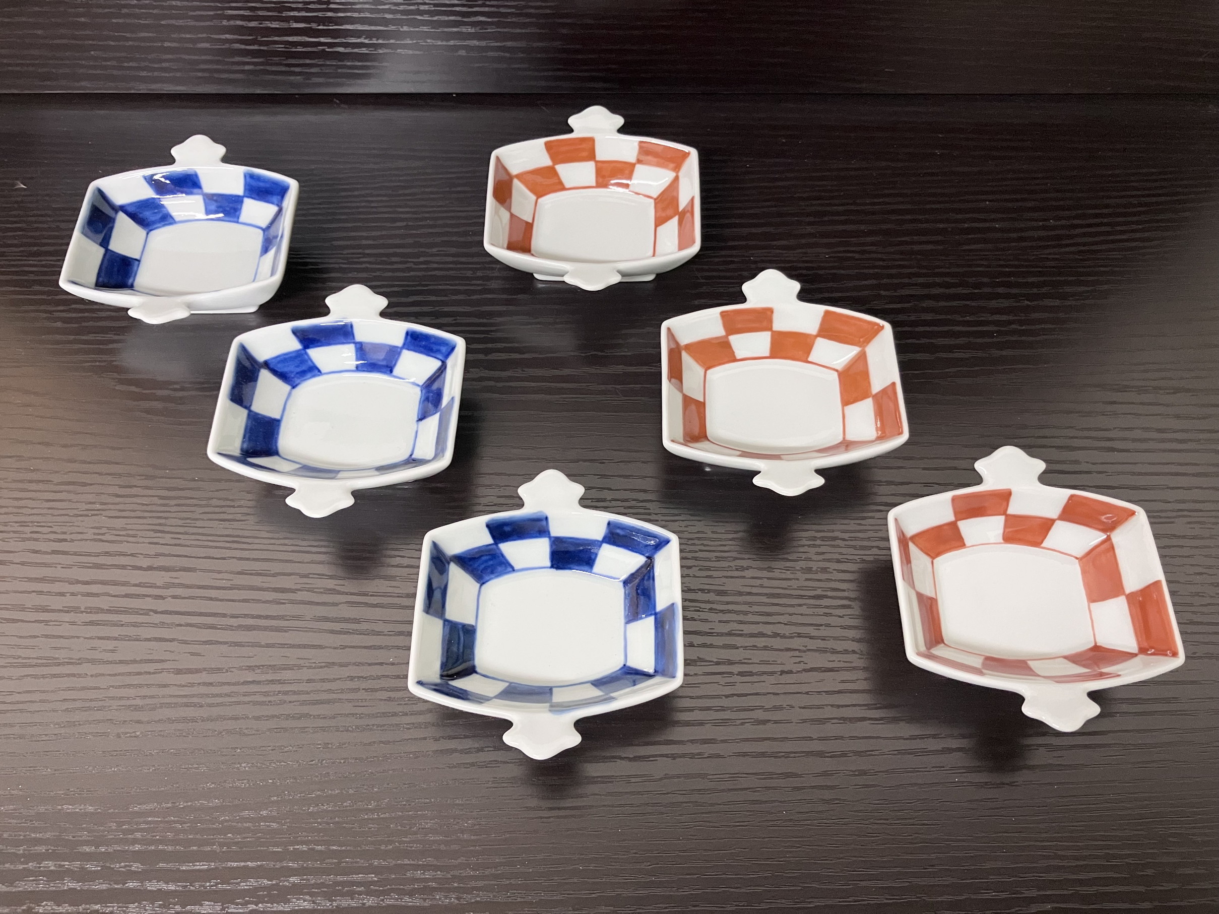 伊万里焼 市松コヅチ豆鉢（青・赤）６個セット H1066