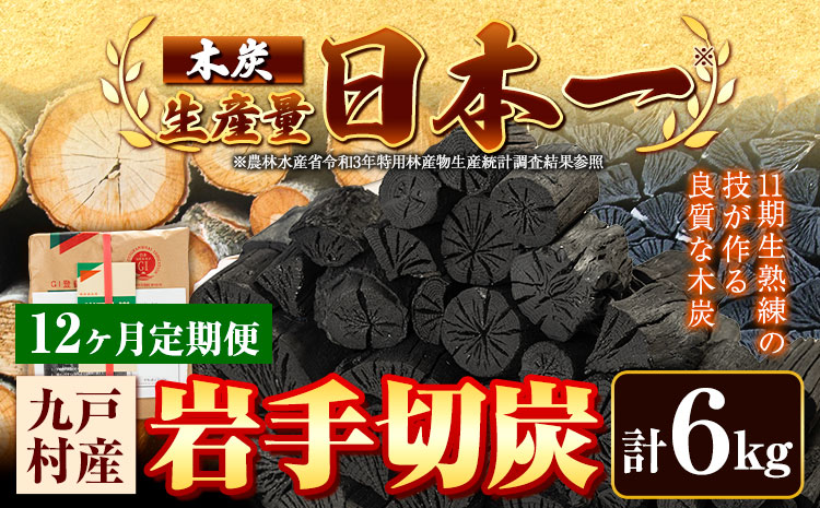 【12ヶ月定期便】生産量日本一 岩手木炭 6kg 切炭 七戸産業《お申込みの翌月より出荷開始》高品質 国産 木炭 楢 なら 堅一級 炭 キャンプ バーベキュー BBQ アウトドア 火鉢 囲炉裏 消臭 
