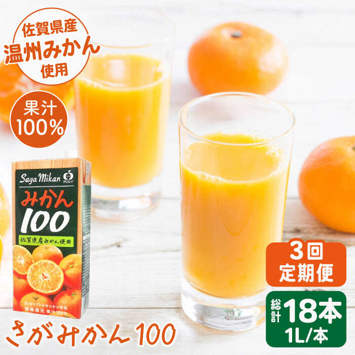 【ふるさと納税】【佐賀県産温州みかん使用】【全3回定期便】さがみかん100　総計18本（1L×6本）【JAさが 杵島支所】果汁100% 濃縮還元[HAM040] / みかん ジュース 佐賀 果汁飲料 定期便
