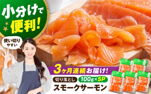 【定期便】サーモン 鮭 スモークサーモン  （切り落とし）100ｇ×5パック×3回 滋賀県長浜市/株式会社中村屋 [AQAJ020] サーモン サーモン 鮭 スモークサーモン  スライス 切り落とし 小分け 燻製 薫製 サーモン 前菜 おつまみ お取り寄せ グルメ  簡単 レシピ おかず ディナー サラダ 前菜 人気 洋風 手作り 保存食 柔らかい