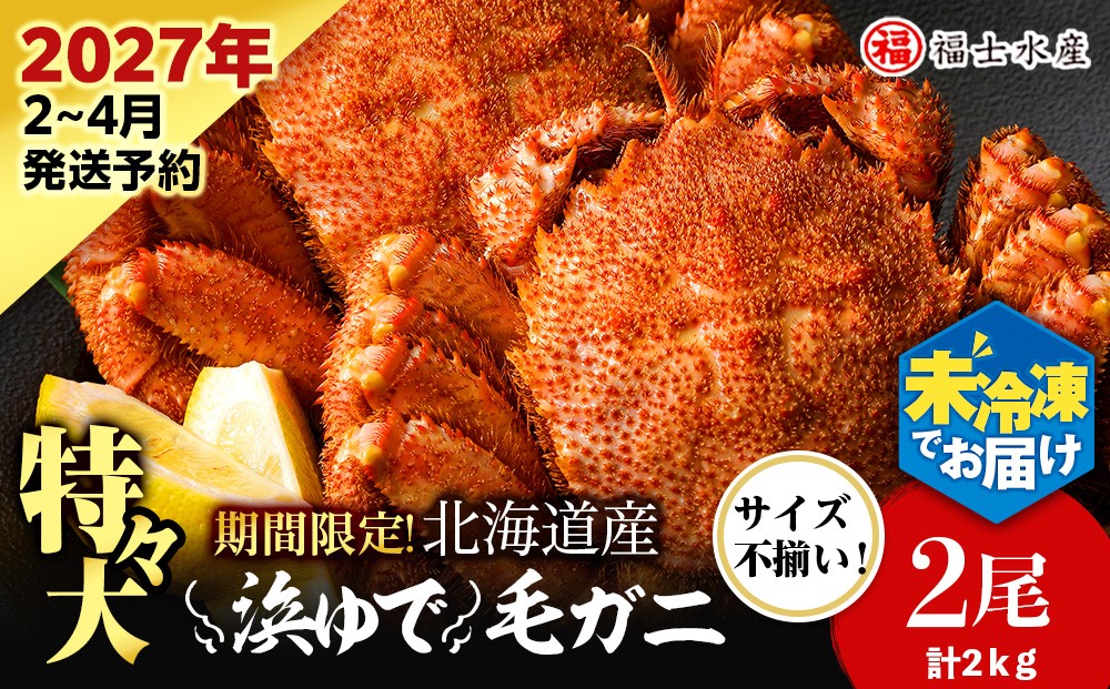 
                  【2027年発送予約】チルドでお届け！ 浜茹で毛ガニ特々大２尾（不揃い合計約2kg） 〈福士水産〉
                
