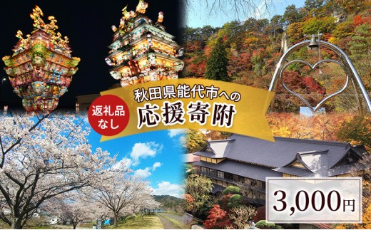 
            【返礼品なし】秋田県能代市への寄付 応援 支援 寄附のみ 3,000円【能代市ふるさと納税】
          