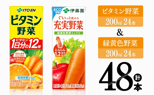 
            ビタミン野菜(紙)24本＋緑黄色野菜(紙)24本 【 伊藤園 飲料類 野菜 緑黄色野菜 ビタミン野菜 ジュース セット 詰め合わせ 飲みもの 】
          