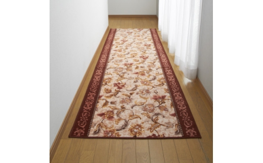 日本製 廊下カーペット 80cm×240cm ＜オリエンタル更紗＞ 滑り止め加工 (エンジ)【1663971】