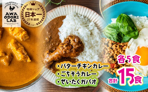 旅する阿波尾鶏シリーズ 3種 各5食入 計15食 バターチキンカレー ごちそうカレー ぜいたくガパオ カレー ガパオ ガパオライス タイ料理 常温 レトルト