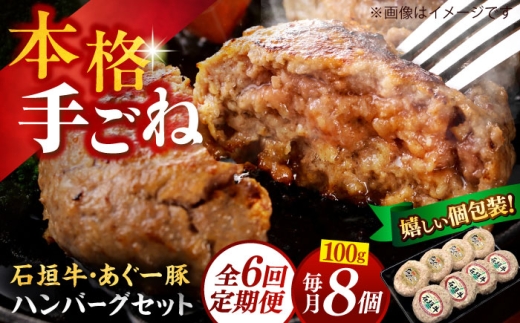 あぐー豚＆石垣牛 100％ ハンバーグ 800g (100g×8個) 【全6回定期便】個包装 沖縄県産 石垣牛100% あぐー豚100％ 手ごね ハンバーグ 8個 はんばーぐ 定期便 石垣牛 ハンバーグ 冷凍 小分け ハンバーグ 定期便 はんばーぐ 石垣牛ハンバーグ ハンバーグセット BBQ 焼肉 ギフト お取り寄せ 沖縄市 / お肉屋本店 [BCAZ016]
