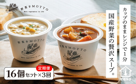 【定期便 全3回】レンジで1分 野菜をMOTTO スープ 16個 セット レトルト インスタント 国産 ダイエット ベジMOTTOスープ  具だくさん 時短 手軽