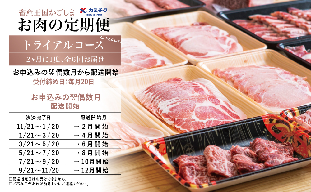 【定期便全6回】情熱牧場 鹿児島県産お肉の定期便 トライアルコース お肉 ステーキ すき焼き しゃぶしゃぶ A5等級 黒毛和牛 牛肉 豚肉 焼肉 定期便 冷凍 カミチク 南さつま市