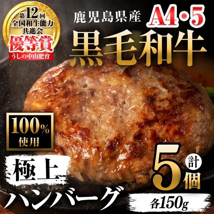 ＜A4・A5等級＞鹿児島県産 黒毛和牛100%使用 極上ハンバーグ(計750g/150g×5個) 黒毛和牛 和牛 ハンバーグ 冷凍ハンバーグ 肉 牛肉 国産 九州産 鹿児島県産 ミンチ 100% 小分け A4 A5 ランキング  a2-086