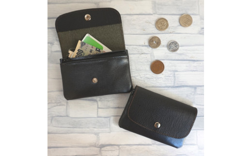 FT005【ふるさわ革工芸】コイン・お札・カードが入る本革の小さな財布（2.黒×黒）