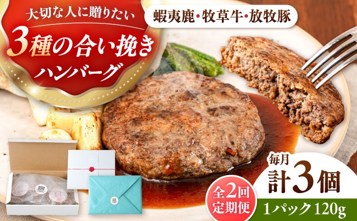 
                  【全2回定期便】 【蝦夷鹿×牧草牛×放牧豚】ハンバーグ 3個 《厚真町》【GOODGOOD株式会社】 ハンバーグ ギフト 鹿肉 牛肉 豚肉 ジビエ 小分け 冷凍配送 贈り物 プレゼント 北海道 [AXBP014]
                