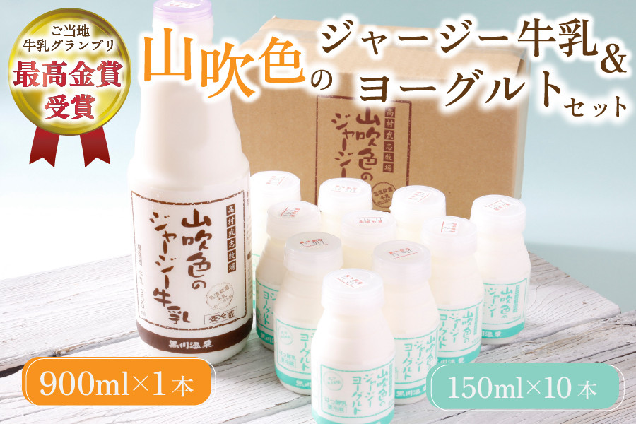 黒川温泉発 山吹色のジャージー牛乳・ヨーグルトセット 【FOODEX JAPAN 2017 最高金賞受賞】 黒川温泉 山吹色のジャージー牛乳 飲むヨーグルト 2種 11本 ジャージー牛乳 900ml のむヨーグルト 150ml 詰め合わせ アソート セット 乳製品 飲料 健康 腸活 免疫力アップ 乳酸菌 ご当地牛乳グランプリ ご当地 ギフト 贈答用 山のいぶき 熊本 阿蘇 南小国町 送料無料