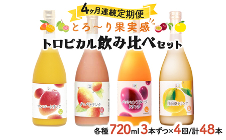 G-J1 【定期便・全4回】驚きの果実感！トロピカルフルーツドリンク(12本・4種各720ml×3本、マンゴー、グァバ・パッションフルーツ・日向夏)×4回【宮崎果汁】