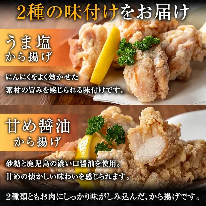 i1074 《毎月数量限定》鹿児島県産 南国元気鶏のから揚げ (計4袋 / うま塩・甘め醤油 各2袋) から揚げ 鶏肉 鶏 唐揚げ からあげ 塩味 醤油味 真空包装 冷凍 おかず 惣菜 国産 【味処 