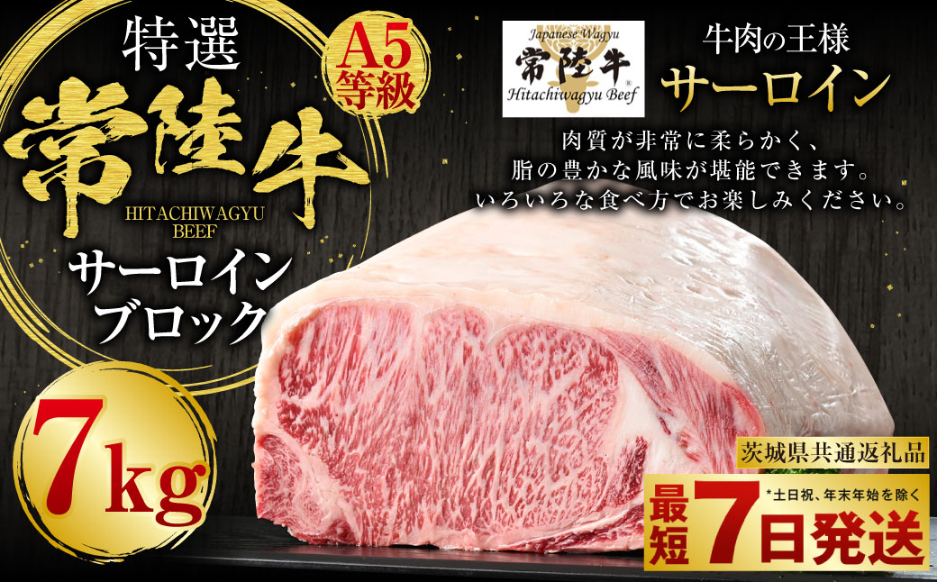 【特選】常陸牛（ひたちぎゅう）A5等級 サーロインブロック 7kg（茨城県共通返礼品 茨城県産）
