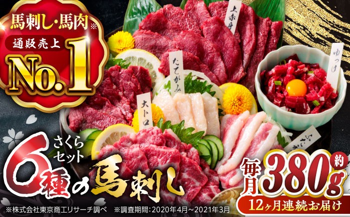 
                  馬刺し 熊本 国産【12回定期便】ご家族で楽しめる「さくらセット」 計380g ばさし 食べ比べ セット 希少部位 上赤身 霜降り 大トロ フタエゴ たてがみ ロース 馬刺しユッケ タレ付き 専用醤油付き 馬刺し 冷凍 おつまみ 晩酌【株式会社  利他フーズ】[ZBK015]
                