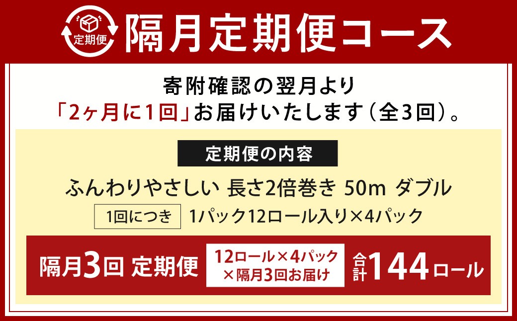 【隔月3回定期便】ふんわりやさしい長さ2倍巻き 50ｍダブル 12ロール×4パック 計48ロール