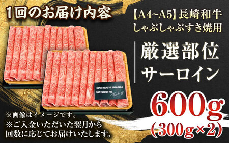 【全12回定期便】【厳選部位】【A4〜A5】長崎和牛サーロインしゃぶしゃぶすき焼き用　600g（300g×2p）【株式会社 MEAT PLUS】[QBS086]