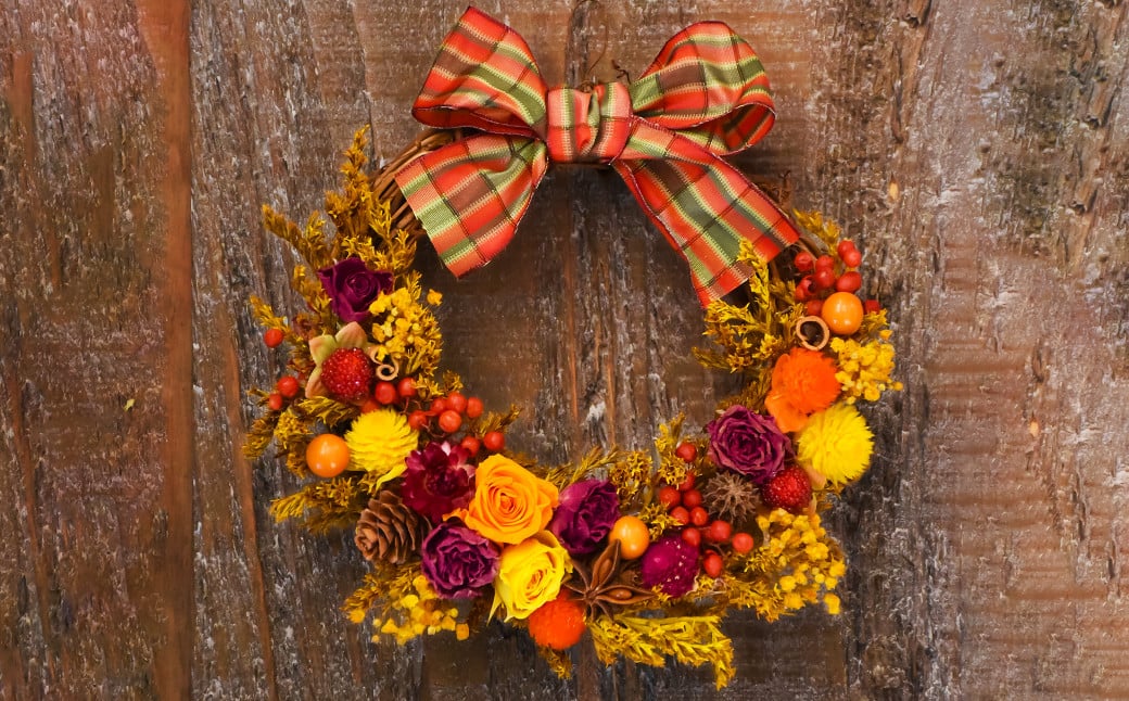 【ドライフラワー】秋のフラワーリース ミニサイズ 約17～19cm