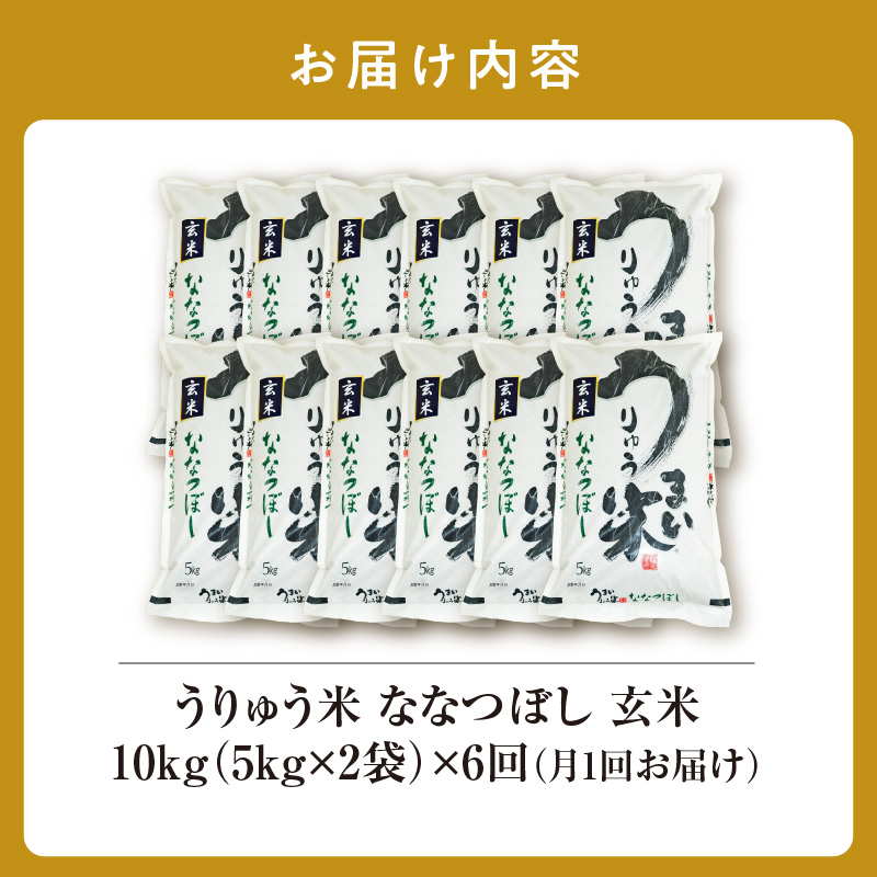 【定期便全6回】令和6年産 うりゅう米  ななつぼし 玄米 10kg（5kg×2袋）毎月1回お届け