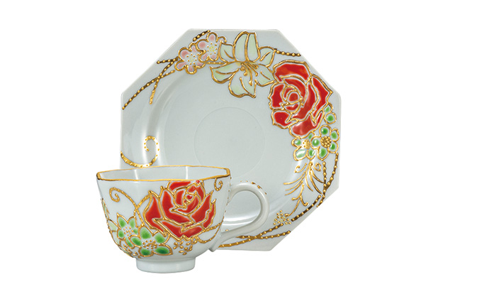 九谷焼 カップ＆ソーサー/バラ a04 工芸品 コーヒーカップ ティーカップ 結婚 引き出物 金婚式 誕生日プレゼント 還暦祝い 古希 喜寿 米寿 退職 定年 プレゼント お祝い お返し お礼 