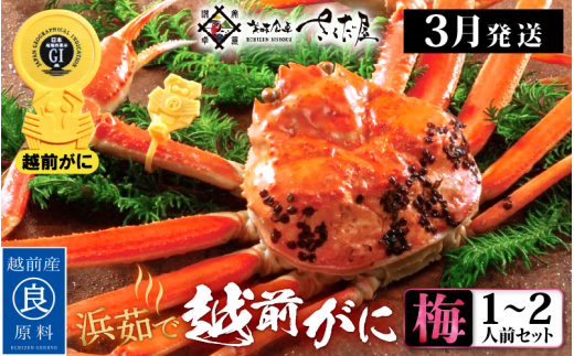 越前がに本場の越前町からお届け！越前がに 浜茹で≪梅セット≫1～2人前 かに酢 かにの食べ方しおり かにスプーン付き【かに カニ 蟹】【福井県 越前町 雄 ズワイガニ ボイル 冷蔵 越前ガニ 越前かに 越前カニ ずわいがに ずわい蟹 かに カニ 蟹】【3月発送分】【中サイズ：500～700g × 1杯（※茹で前重量）】希望日指定可 備考欄に希望日をご記入ください [e04-x009_03a]