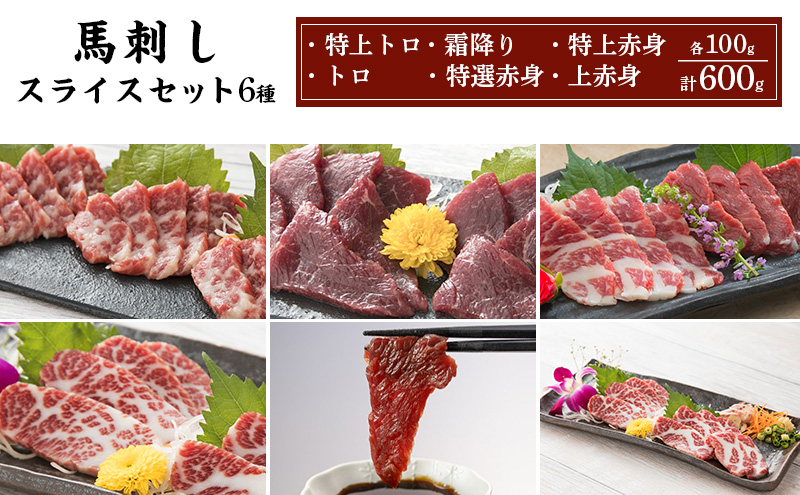 
            馬刺し スライス セット 6種 600g 特上トロ トロ 霜降り 特選赤身 特上赤身 上赤身 各100g 馬肉 馬刺 熊本 肉 桜屋
          