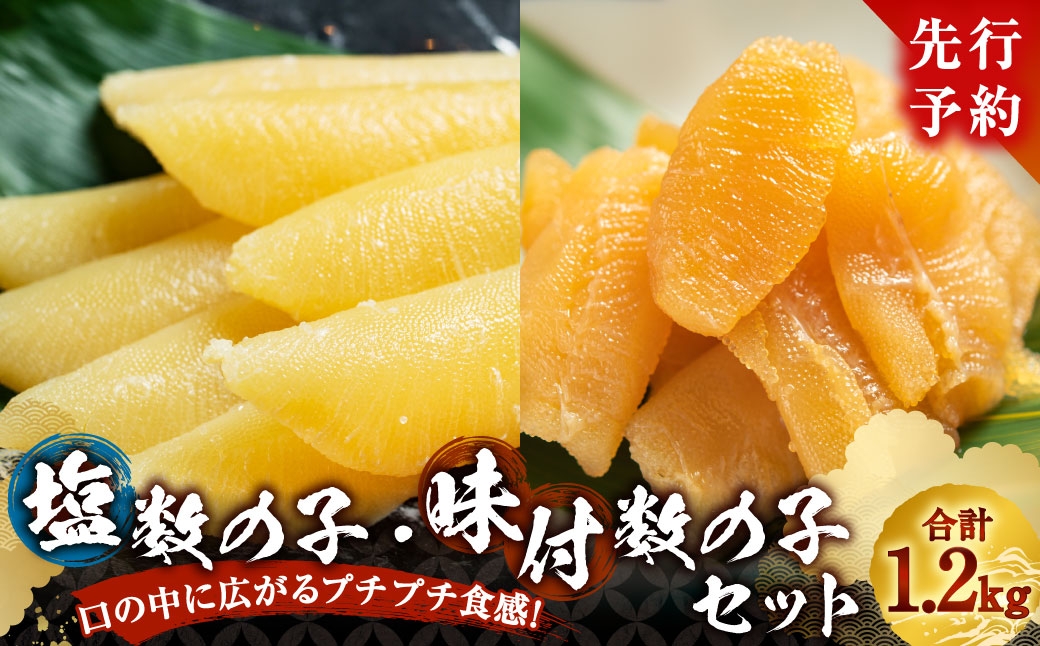 
                  【 先行予約 】 塩数の子 ・ 味付き数の子セット 合計1,200g 数の子 鰊卵 魚介 魚介類 海鮮 おかず おつまみ 晩酌 酒の肴 食べ比べ 詰め合わせ セット 冷凍 【 2026年12月発送 】
                