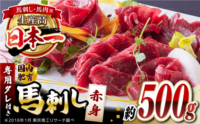 国内肥育 馬刺し 赤身 約500g 専用タレ付き 熊本 山都町 冷凍 馬肉 馬刺 ヘルシー 小分け 馬肉 赤身馬刺し 専用タレ付き馬刺し 冷凍 馬肉 定番 熊本県 山都町 ばさし 馬刺し【有限会社 丸重ミート】[YAK002]