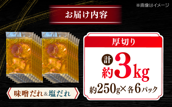 厚切り 牛タン 食べ比べ2種盛り（味噌だれ・塩だれ）各約250g×6パック 計約3kg 小分け 個包装 味付け タレ たれ 高知県 お肉 牛肉 贅沢 焼き肉 BBQ 訳あり 【焼肉寛十郎】 [ATDO