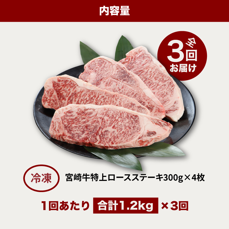 ＜3か月定期便 宮崎牛 特上ロースステーキ 計3.6Kｇ＞ K16_T007