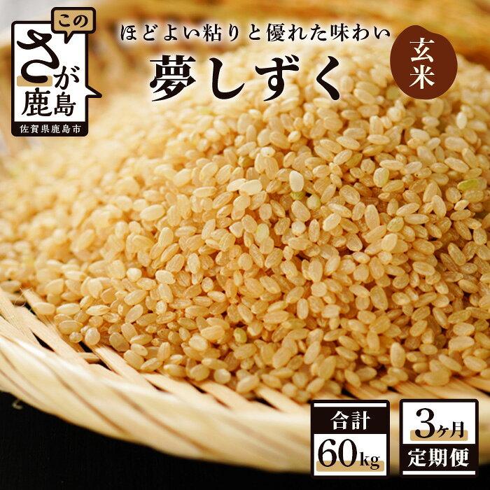 【ふるさと納税】【3か月定期便】鹿島市産 夢しずく 玄米 20kg (10kg×2袋) ×3回 合計60kg 定期便 3回発送 毎月1回 令和5年産 米 お米 九州 国産 九州産 鹿島市 送料無料 J-13