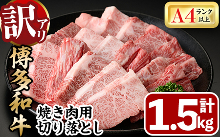 ＜訳あり・不揃い＞博多和牛焼肉切り落とし(肩ロース・バラ)(計1.5kg・500g×3P) 牛肉 黒毛和牛 国産 BBQ 化粧箱 贈答 ギフト プレゼント ＜離島配送不可＞【ksg1722】【MEATPLUS】