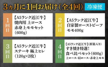 【定期便】【A5ランク近江牛】特選食べ比べ定期便【年4回（3ヵ月に1回お届け）】[BH002] / 肉 お肉 牛肉 和牛 三大和牛 近江牛 近江 滋賀県 大津市 国産 国産牛 鍋 高級 霜降り 霜降り