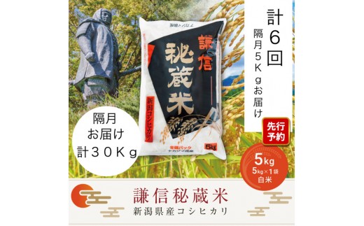 先行予約 令和8年産 新潟県産 コシヒカリ 定期便 隔月発送（5kg×6回分） 謙信秘蔵米 真空 窒素挿入 冬眠パック 精米 上越市 上杉謙信 新米 ナカジマ農産