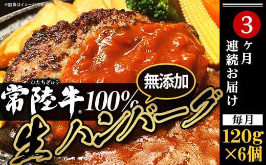 生ハンバーグ120g×6個【常陸牛】100％【3ヶ月連続お届け】【ハンバーグ 生ハンバーグ 常陸牛 冷凍 牛肉 贅沢 黒毛和牛 おかず 惣菜 便利】