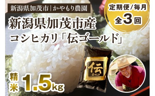 【令和7年産】【定期便3回毎月お届け】新潟産コシヒカリ「伝ゴールド」白米真空パック 精米1.5kg  《9月下旬から順次出荷》 南麻布の高級料亭で提供される極上米 かやもり農園