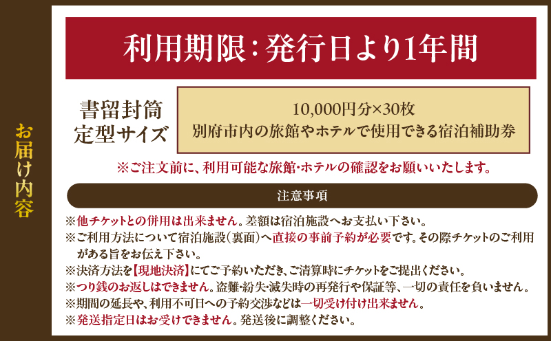 【300,000円分】【最短2営業日以内発送】別府市内の旅館やホテルで使用できる宿泊補助券　楽しい旅の思い出を！ 宿泊券 大分県 別府市 3000円 15000円 3万円 9万円 15万円 30万円 ホテル 旅館 温泉 旅行 観光 トラベル 宿泊補助券 チケット クーポン 宿泊 お泊り 別府温泉 別府観光 地獄めぐり 旅 おすすめ 人気 体験型 節約_B030-007