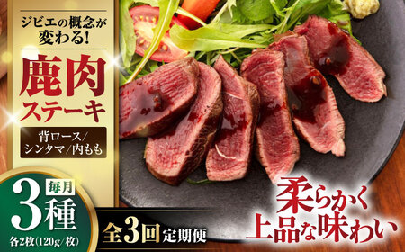 【全3回定期便】鹿肉 ステーキ3種セット（背ロース120g×2枚・シンタマ120g×2枚・内もも120g×2枚）《喜茂別町》【EBIJIN】 ジビエ モモ セット ステーキ 赤身 冷凍配送 定期便[AJAO023]