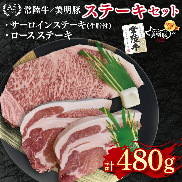【ふるさと納税】【常陸牛 A5ランク・美明豚ステーキセット】常陸牛サーロインステーキ200g＋美明豚ロースステーキ280g（140g×2枚） 冷凍 国産牛 和牛 牛肉 豚肉　ブランド豚 茨城県 水戸市 食べ比べ セット商品 国産 15000円 老舗精肉店 EK-18