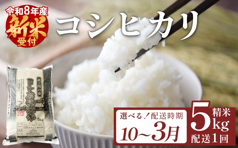 
                  選べる 配送月 【10月-3月】 ＜ 先行予約 ＞ 米 令和8年産 コシヒカリ 精米 5kg 単品 新米 こめ コメ お米 ご飯 白米 こしひかり
                