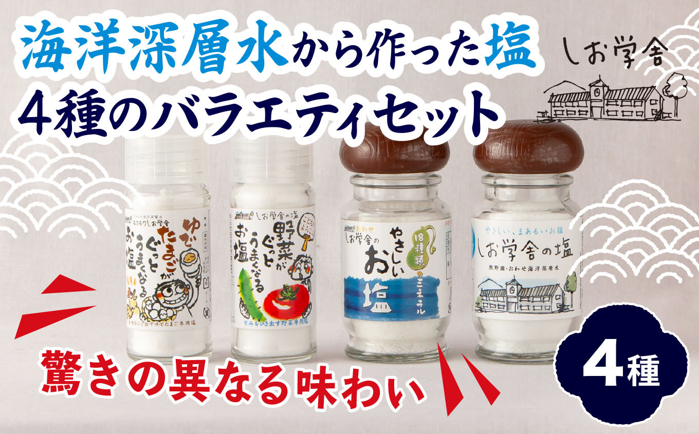 
                  【 海洋深層水 の 塩 】バラエティ セット ４種 米 野菜 玉子 など素材の 旨みが引き立つ 調味料 日用品 お弁当 ギフト 贈り物 にも おすすめ 三重県 尾鷲 しお学舎 MO-f-20
                