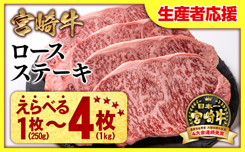 
            宮崎牛ロースステーキ＜ 選べる 2枚～4枚 ＞（500g～1000g）牛肉 ステーキ 高級部位 ブランド牛 ミヤチク 内閣総理大臣賞4連覇 肉 国産 黒毛和牛 数量限定 支援品【4枚 生産者応援 】
          