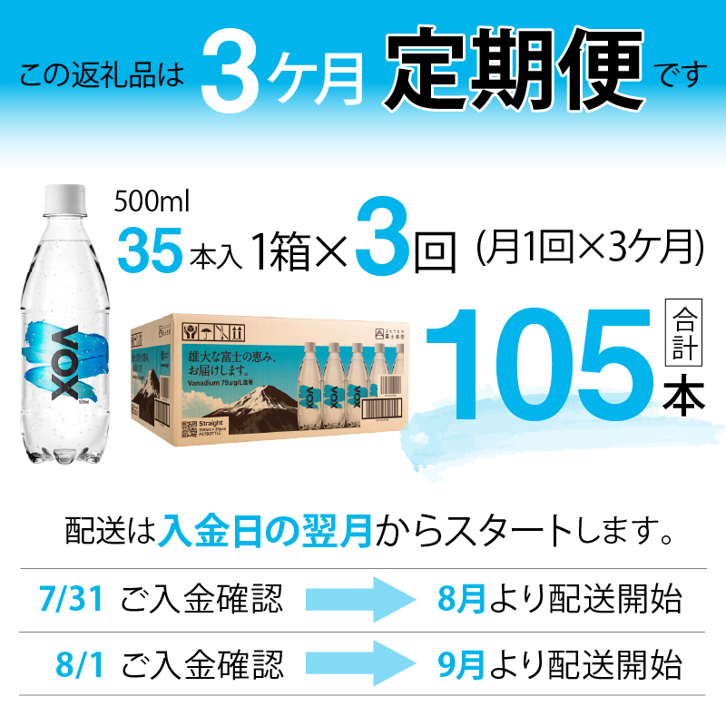 【3か月定期便】VOX バナジウム 強炭酸水 500ml 35本 【富士吉田市限定カートン】