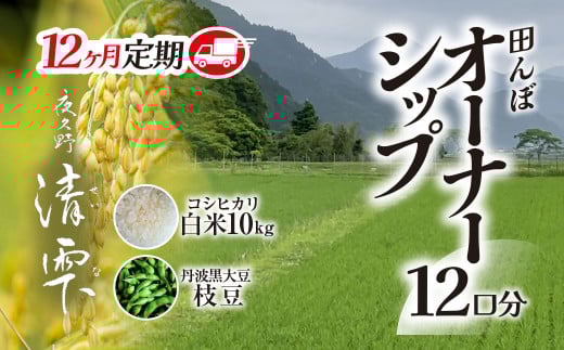 ＜令和7年10月中旬より発送！＞【12ヶ月定期】田んぼオーナーシップ12口分　清雫　白米10kg+ムラサキ（丹波黒大豆の枝豆）/ ふるさと納税 田んぼ オーナー制度 米 白米 令和7年度産  先行 定期 10kg 12回 収穫 夜久野 京都 京都府 福知山 FCDB012