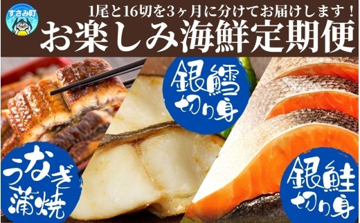 【3回定期便】【毎月お届け】魚鶴お楽しみ海鮮3種セット(銀鮭切身・うなぎ蒲焼・銀だら切身)全3回    / 銀鱈 さけ だし うなぎ たら 魚 切り身 切身 魚 海鮮 焼き魚 ご飯のおとも おかず【tkb418】