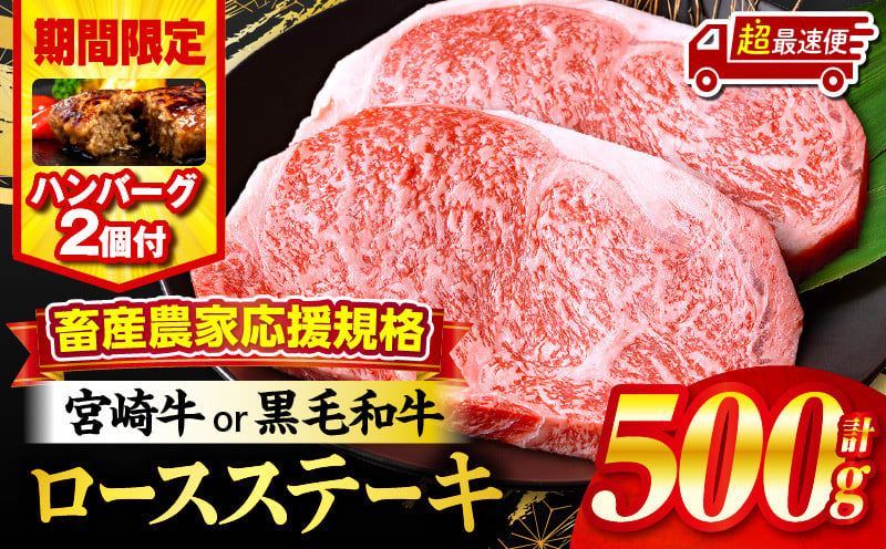 
            【発送時期が選べる】【期間・数量限定】畜産農家応援！宮崎牛or黒毛和牛ロースステーキ250g×2・国産牛ハンバーグ100g×2個 牛肉 肉 ステーキ 焼肉 高級 みやざき ミヤチク みやちく 宮崎牛 黒毛和牛 和牛 ロースステーキ ロース 宮崎牛ステーキ すてーき 贈答 国産 国産牛 人気 おすすめ 500g 2枚 ギフト プレゼント 誕生日 宮崎 _M132-014-SKU 
          