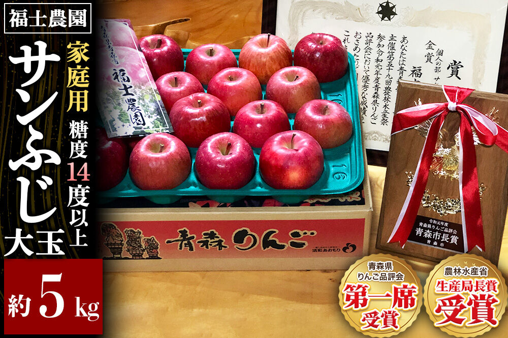 【26年11月〜発送】りんご サンふじ【家庭用】大玉 約5kg【りんご品評会最高賞】糖度14度以上保証 青森県 弘前市 [青森県産 産地直送 大きい 高糖度 甘い アップル おいしい 果実 果物 赤色 美味]