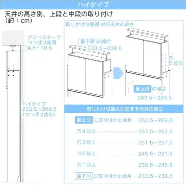 突っ張り薄型ランドリー収納ラック ハイタイプ 幅45cm 洗面所 脱衣所 脱衣場 収納 ランドリーラック ランドリーチェスト 木製 スリム 日本製 サニタリーラック つっぱり ランドリー おしゃれ 大