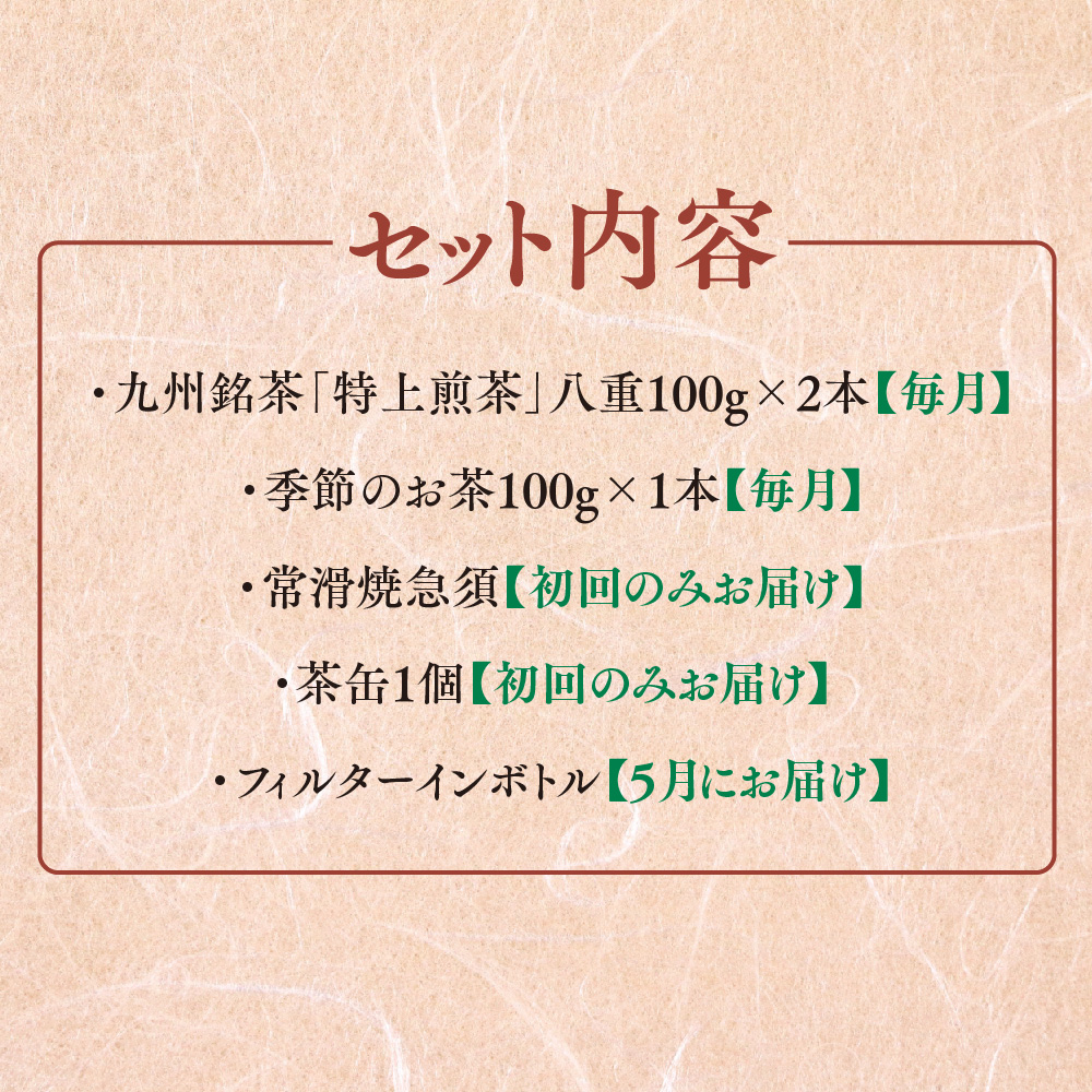 【毎月お届け12回】特上煎茶八重100g2本と季節の茶100g1本(急須付き) 【定期便 九州 お茶 緑茶 急須 フィルターインボトル 定期便】(H047124)
